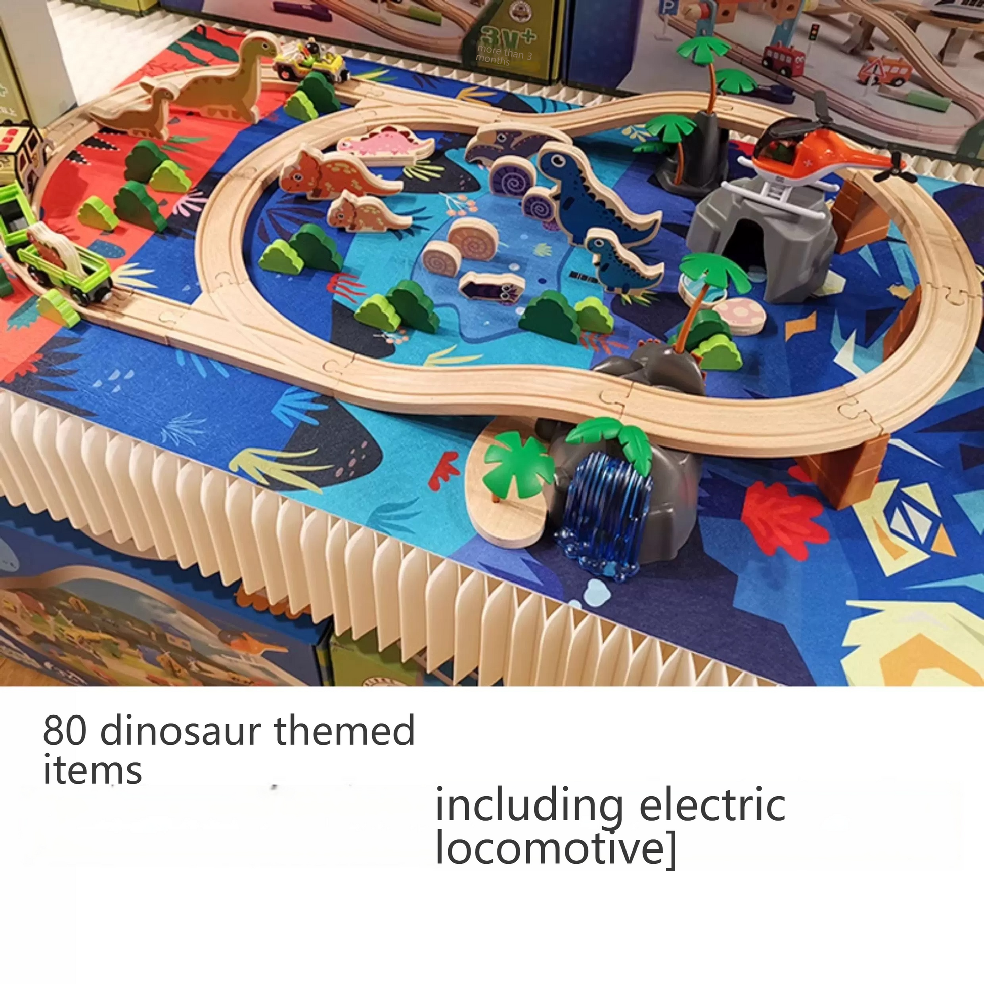 Wooden Train Set - Electric Railway Adventure for Kids Ages 2-6 Dinosaur theme including electric locomotive