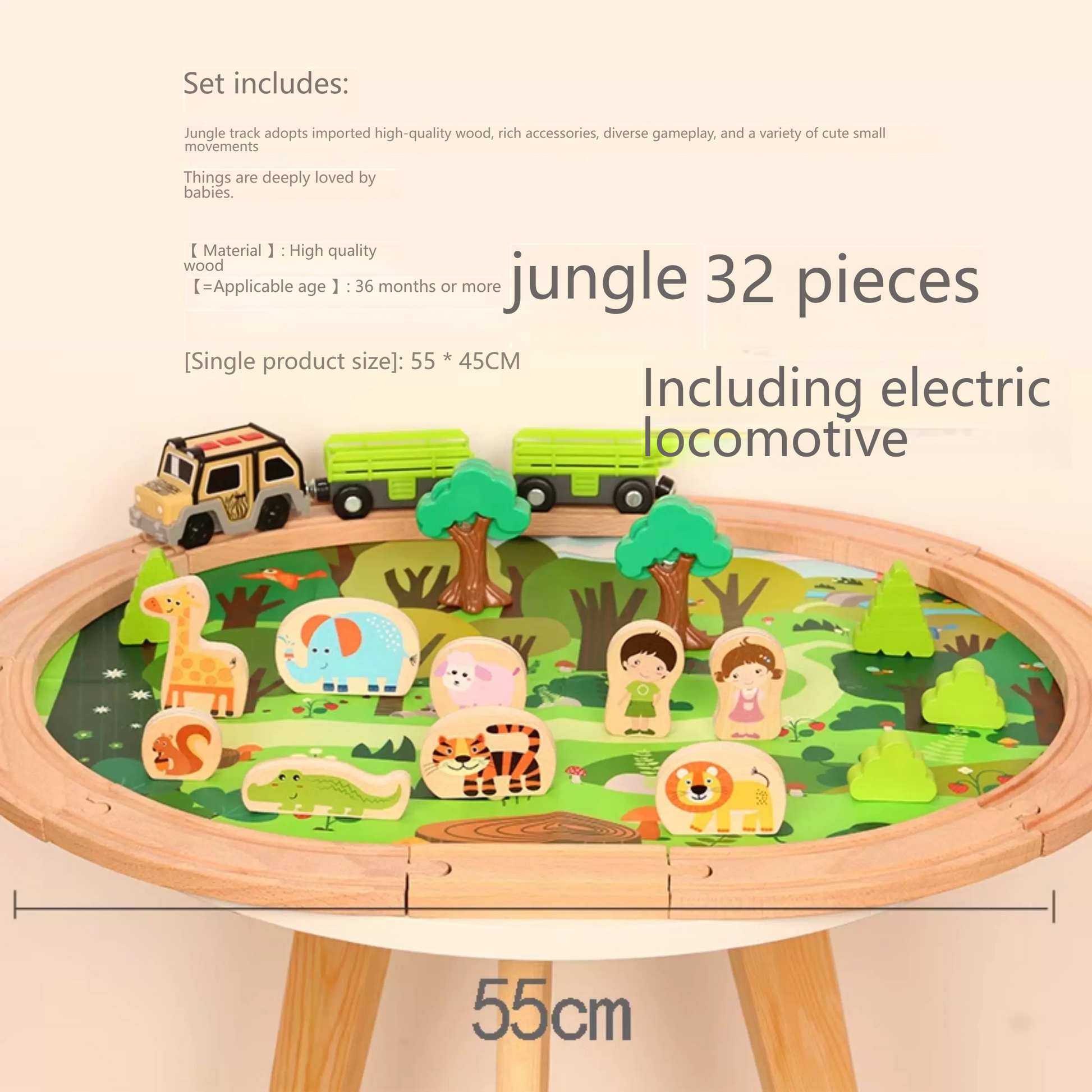 Wooden Train Set - Electric Railway Adventure for Kids Ages 2-6 Jungle style including electric locomotive