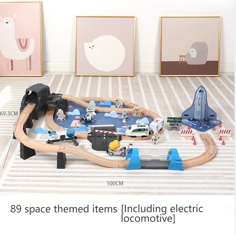 Wooden Train Set - Electric Railway Adventure for Kids Ages 2-6 space theme including electric locomotive