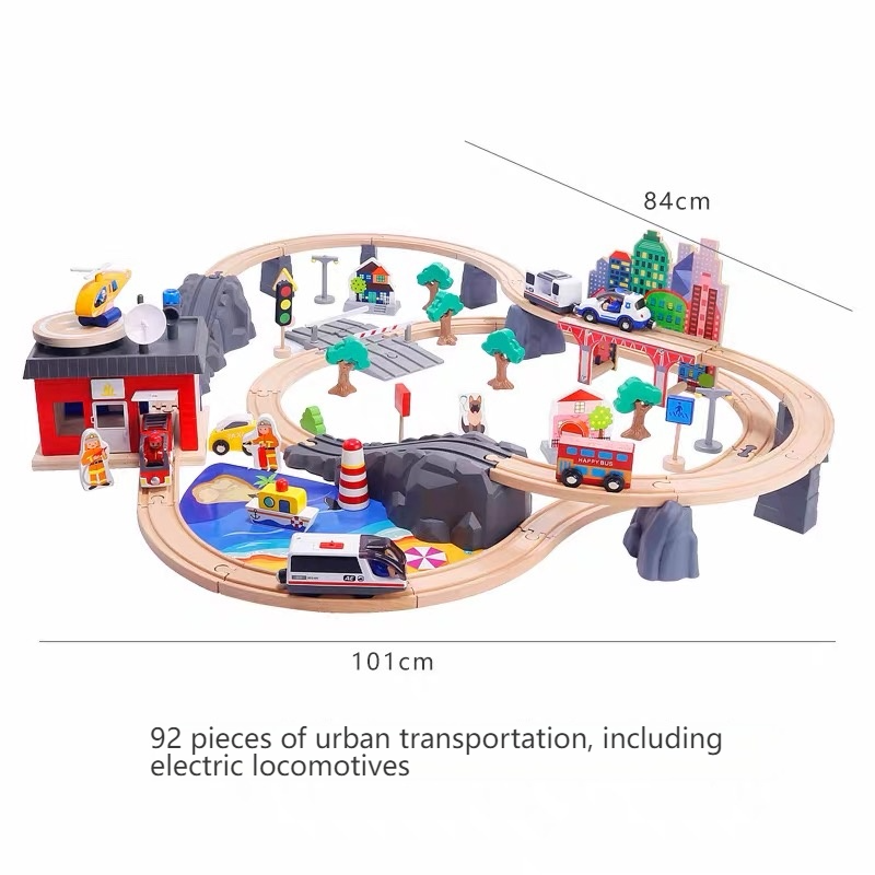 Wooden Train Set - Electric Railway Adventure for Kids Ages 2-6 urban transportation including electric locomotive